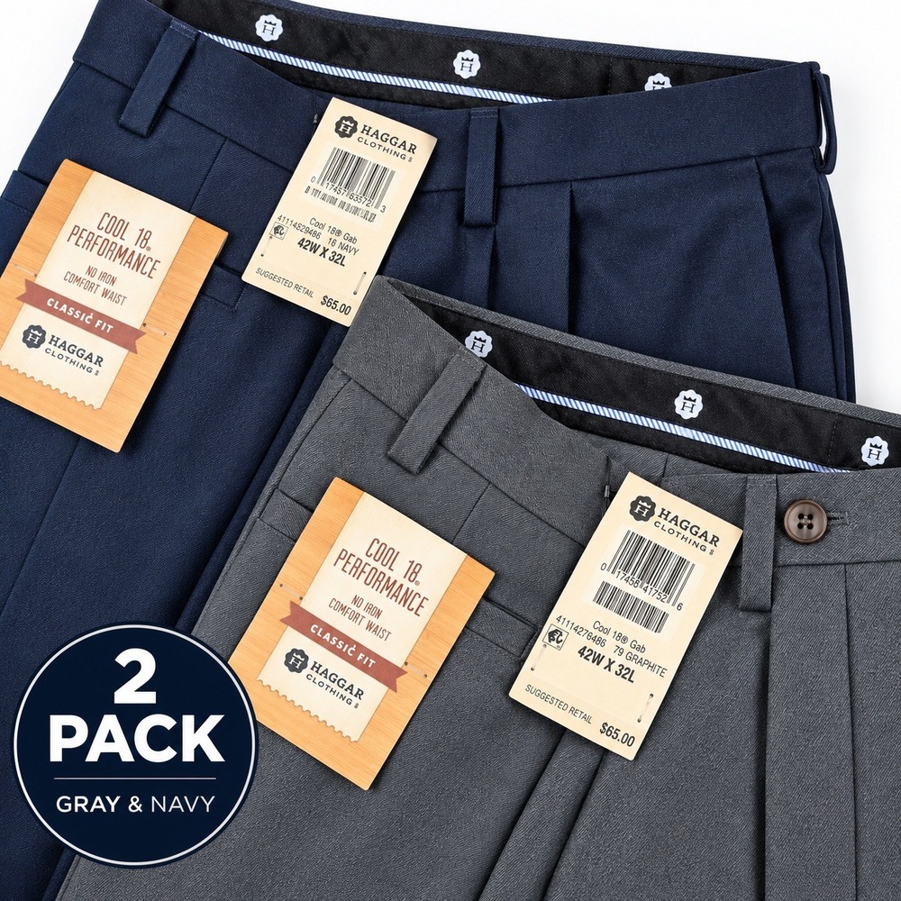 2 pack NEW Haggar Cool 18 Performance Mens 42/32 Pleated Classic Fit No Iron
